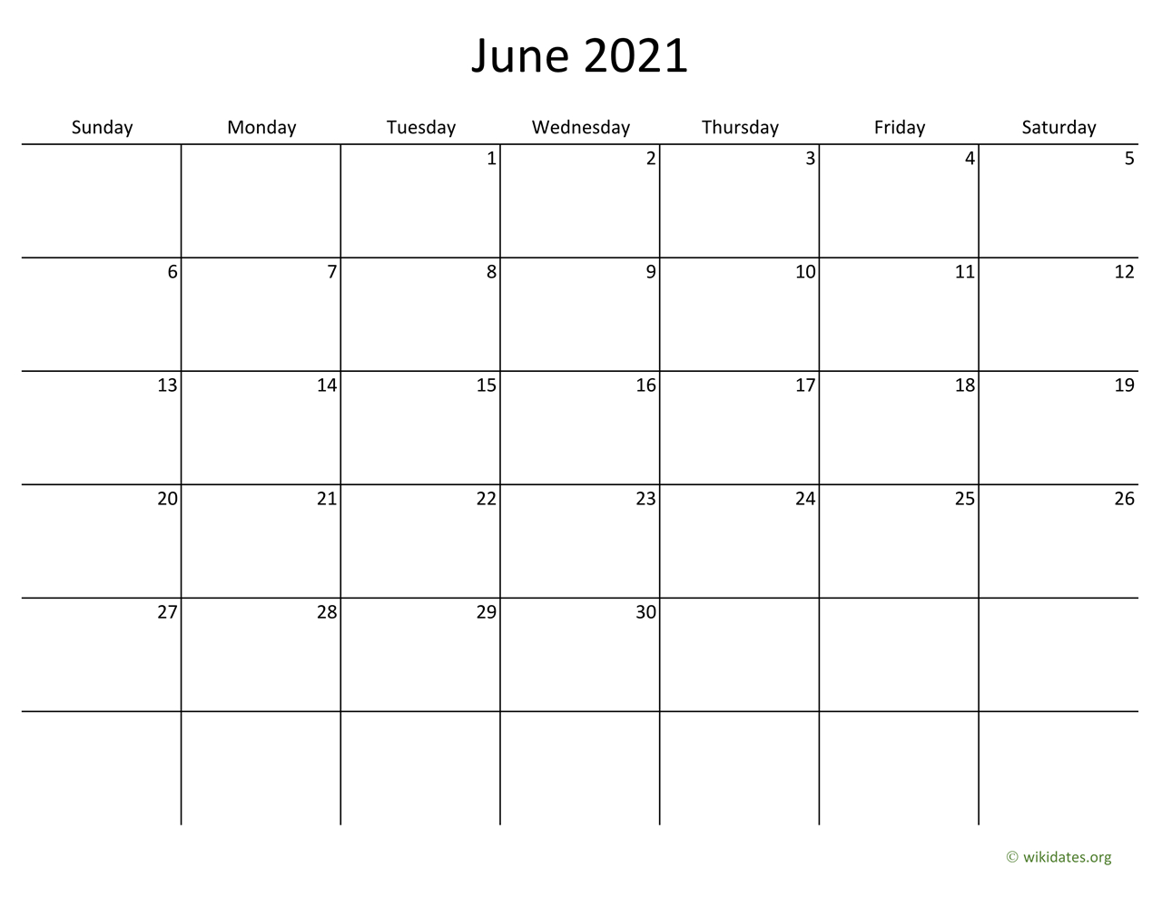 June 2021 Calendar With Bigger Boxes | Wikidates