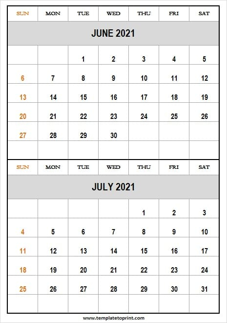 June July 2021 Calendar Free Printable - Printable