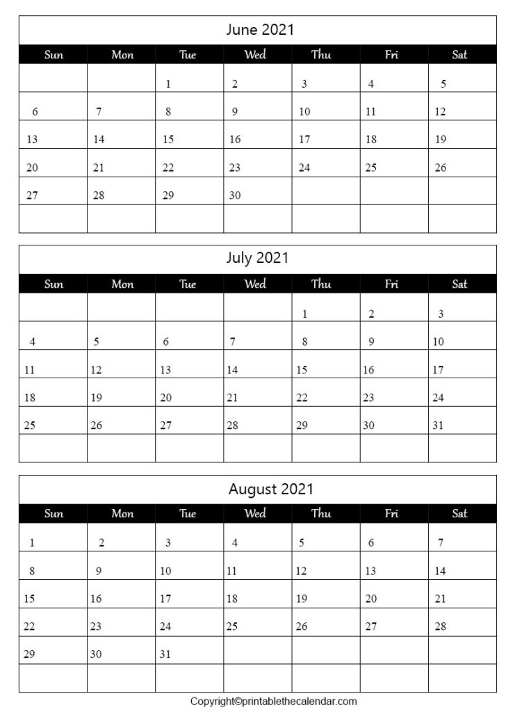 June July August 2021 Calendar [Free Printable Template