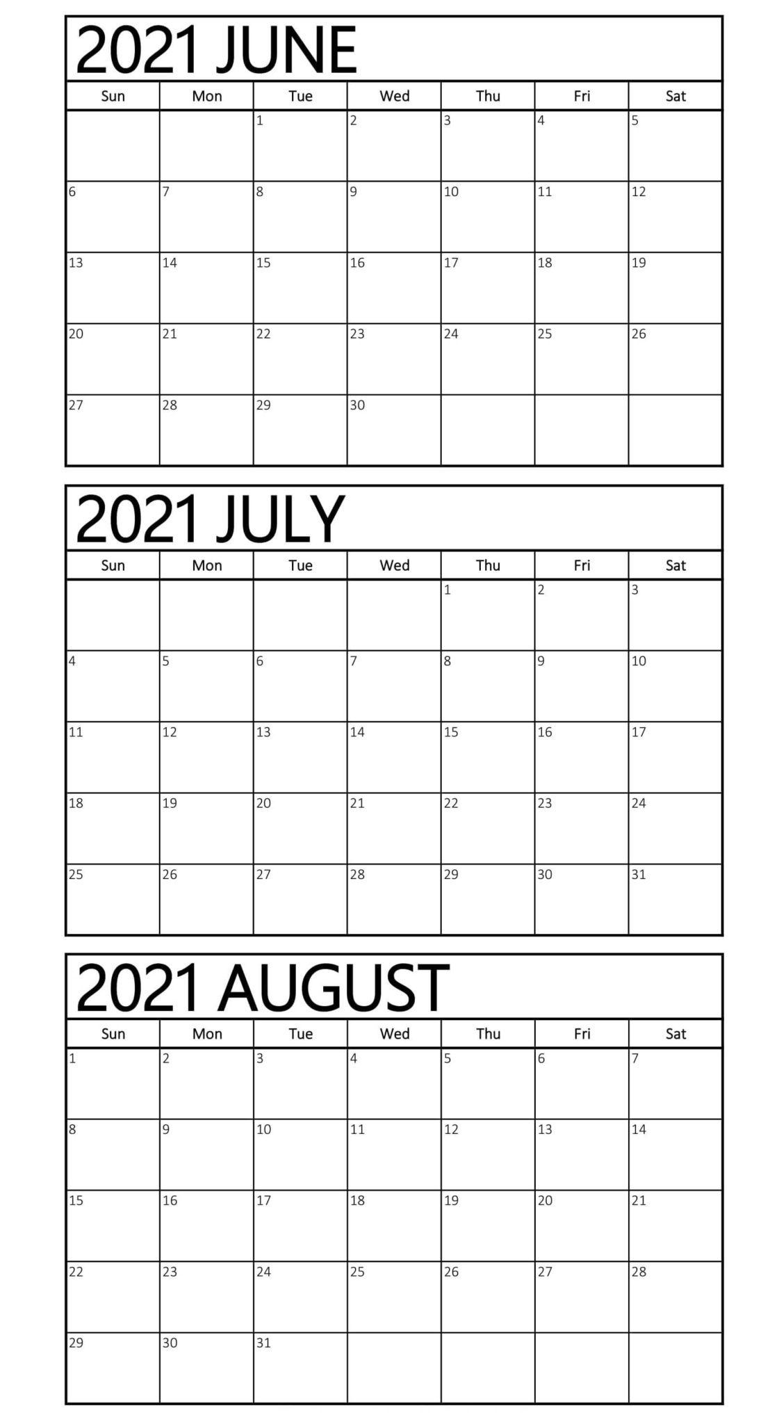 June To August 2021 Calendar Free Printable Pdf