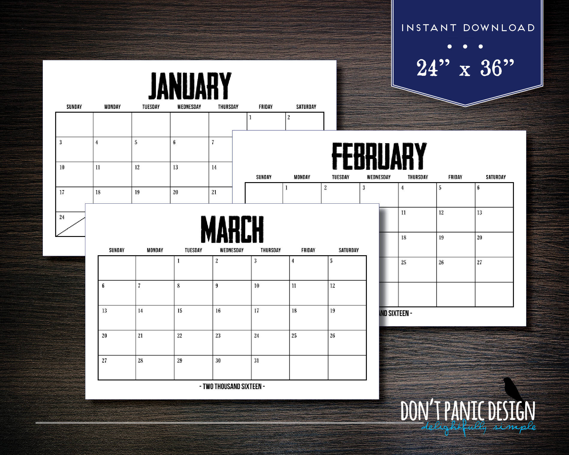 Large 2018 Rustic Printable 12 Month Wall Calendar 24