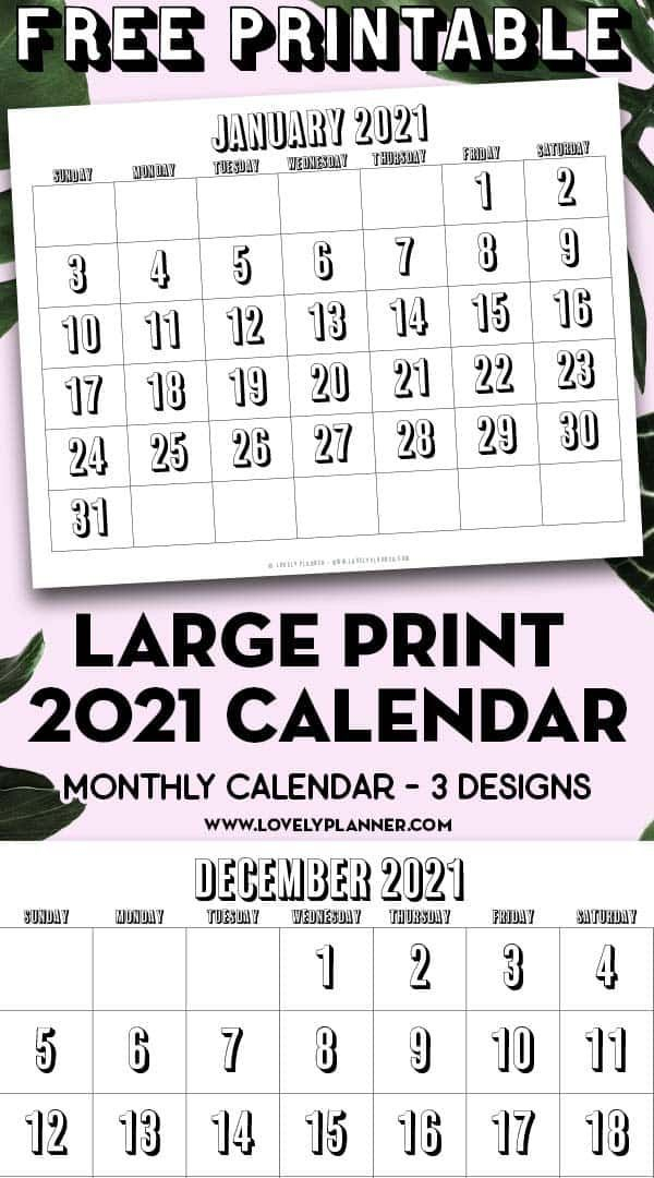 Large Print 12 Month Free Printable 2021 Calendar With