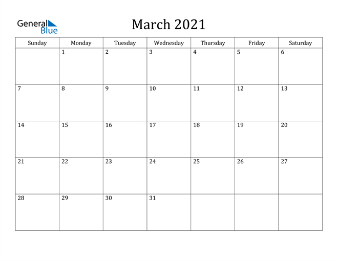 March 2021 Calendar - Pdf Word Excel