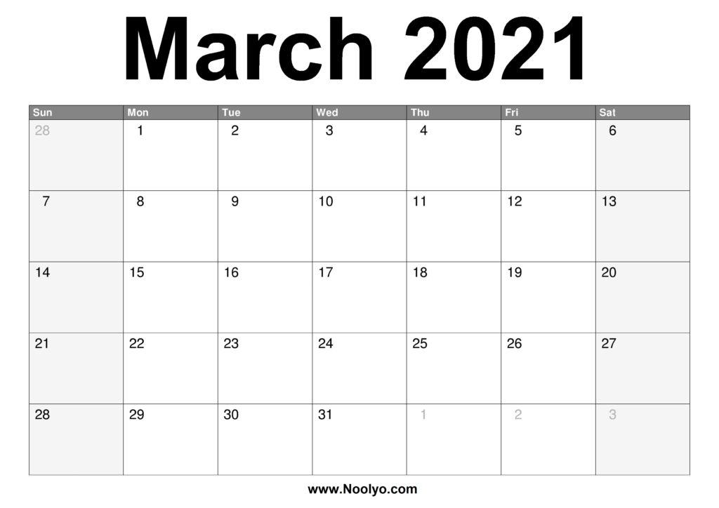 March 2021 Calendar Printable - Free Download - Noolyo