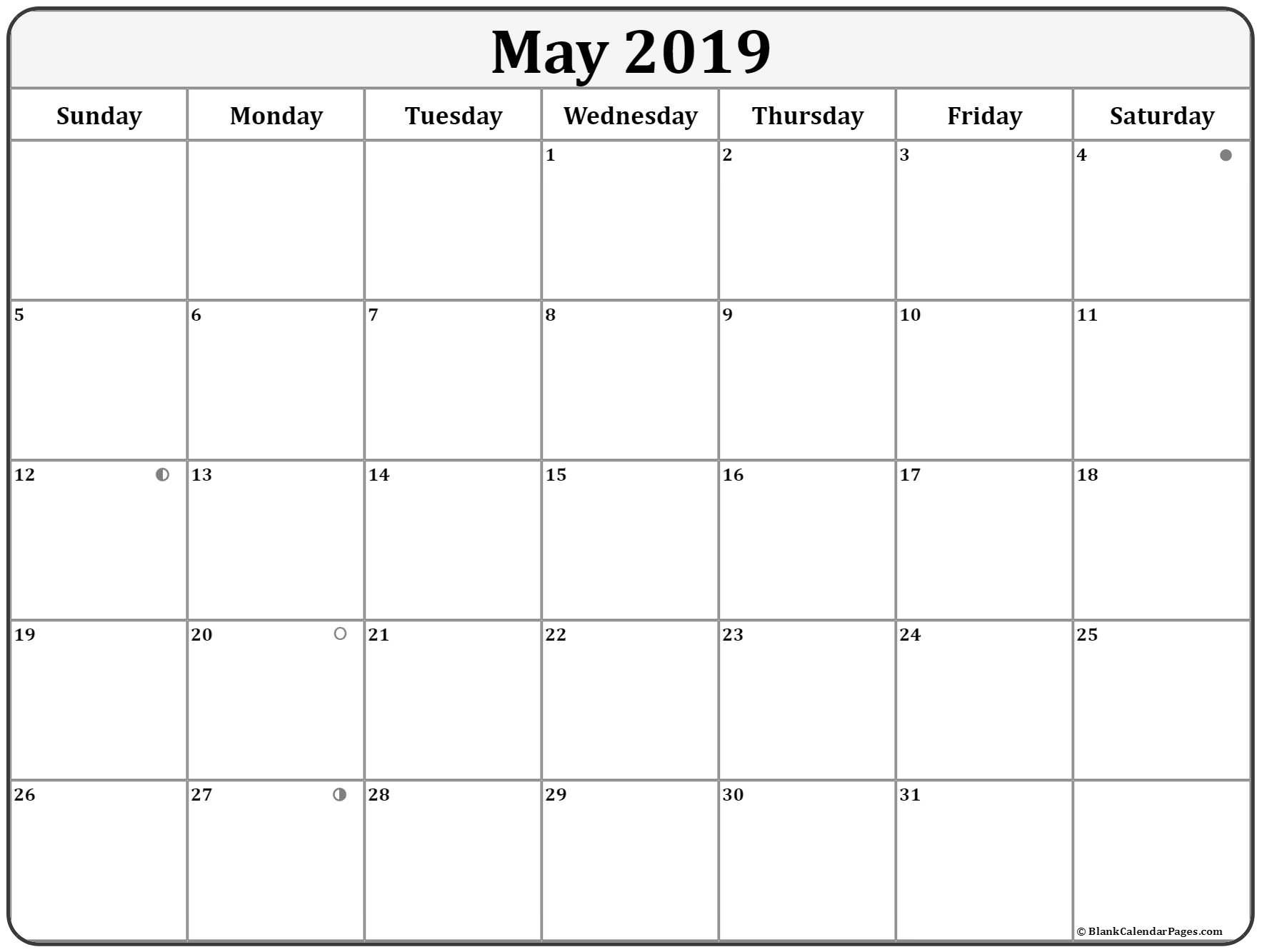 May 2019 Calendar With 4 Simple Moon Phases | Calendar