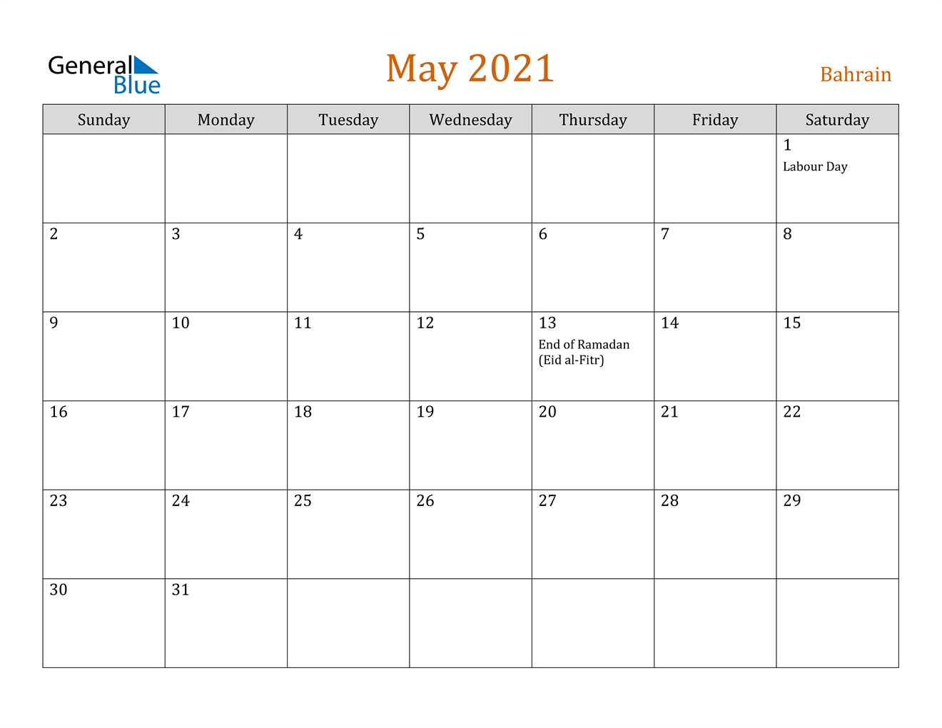 May 2021 Calendar - Bahrain