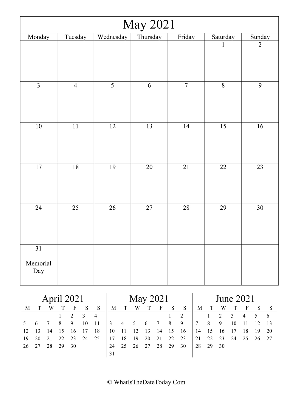 May 2021 Editable Calendar (Vertical Layout
