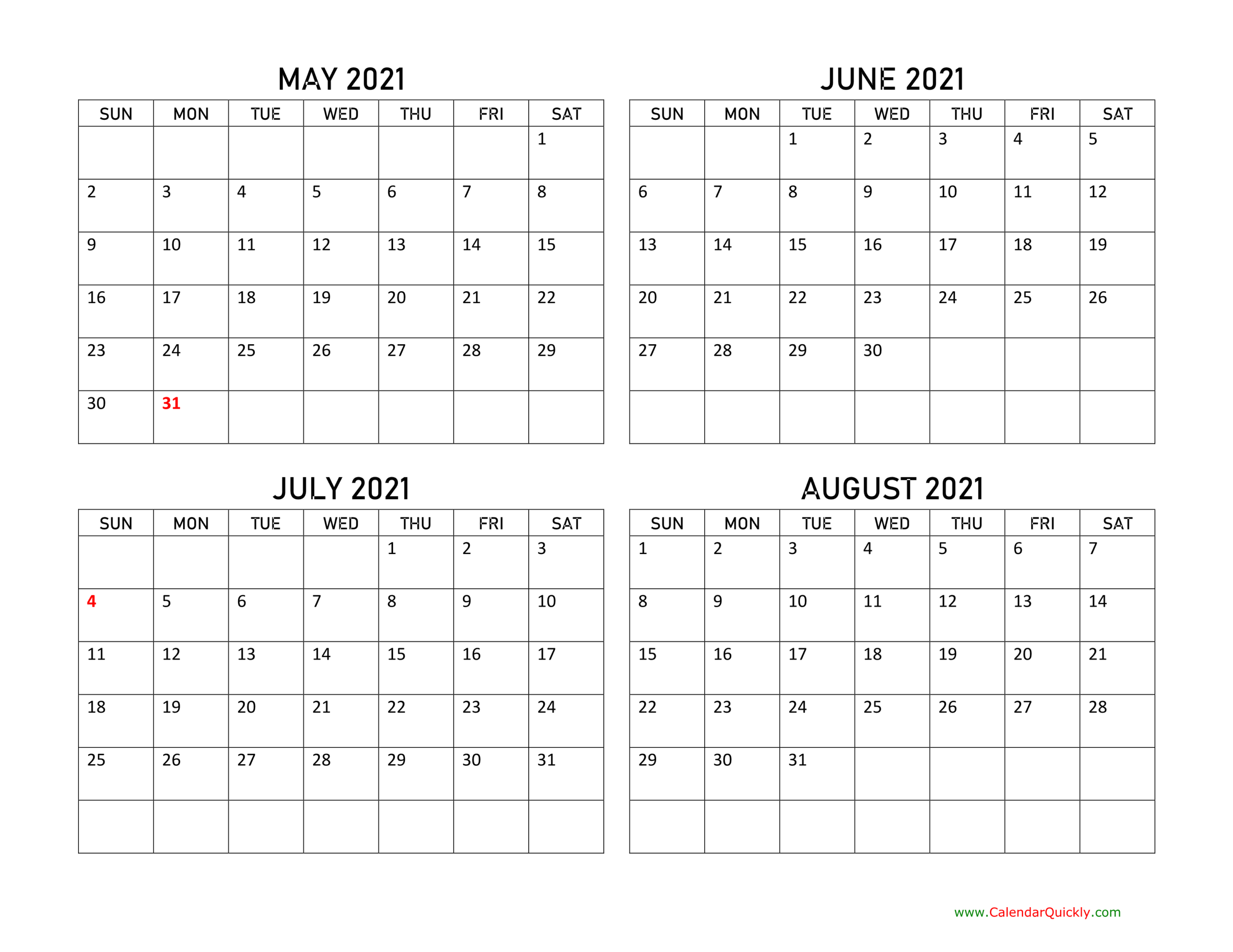 May To August 2021 Calendar | Calendar Quickly