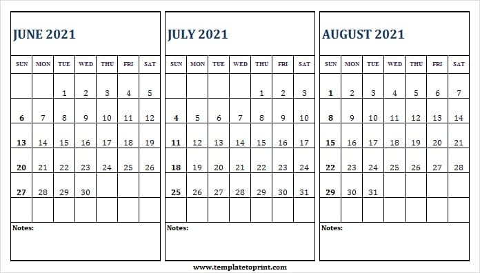 Calendar June July August 2021