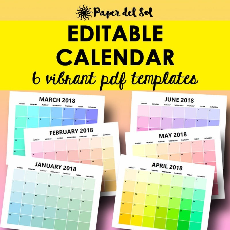 Monthly Calendar Printable Editable Template Calendar 2018