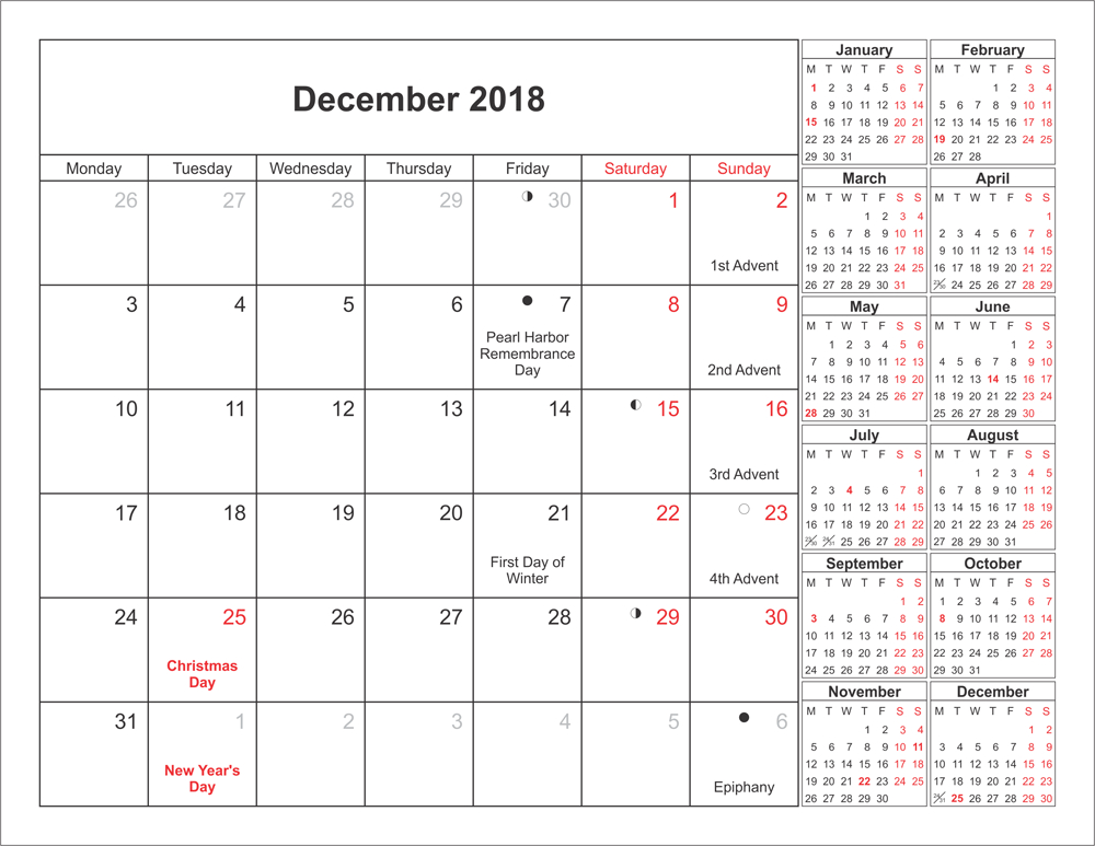 Moon Phases Calendar December 2018 #