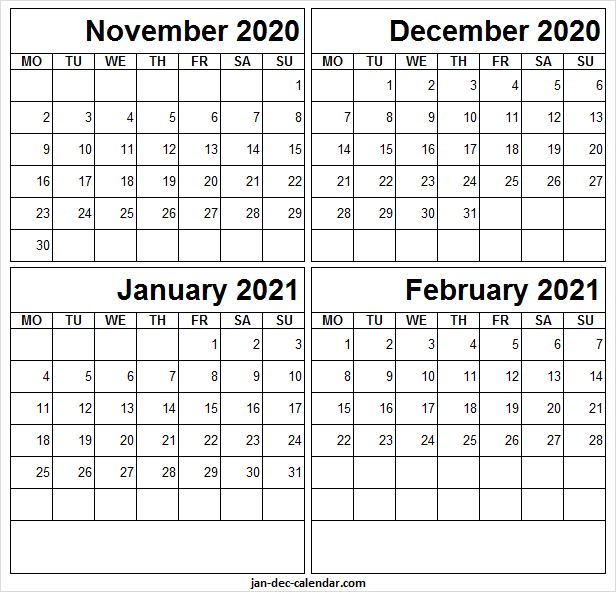 November 2020 To February 2021 Calendar Free - Four Month