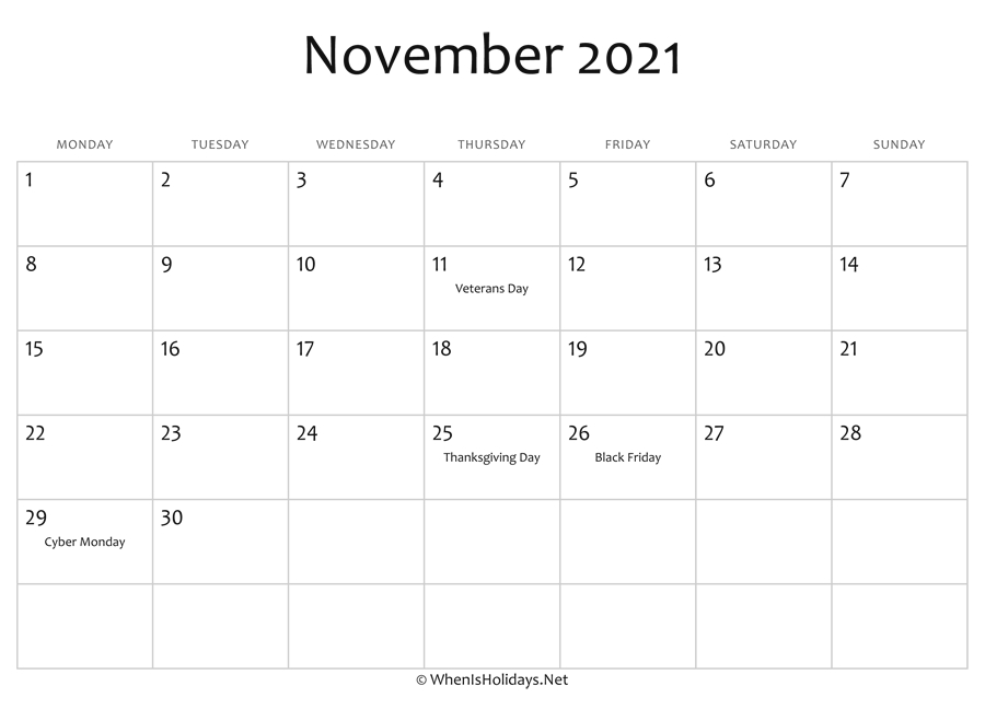 November 2021 Calendar Printable With Holidays
