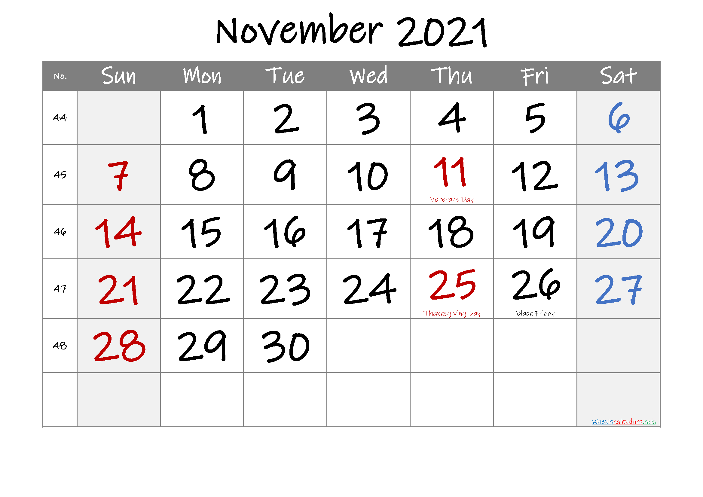 November 2021 Free Printable Calendar With Holidays