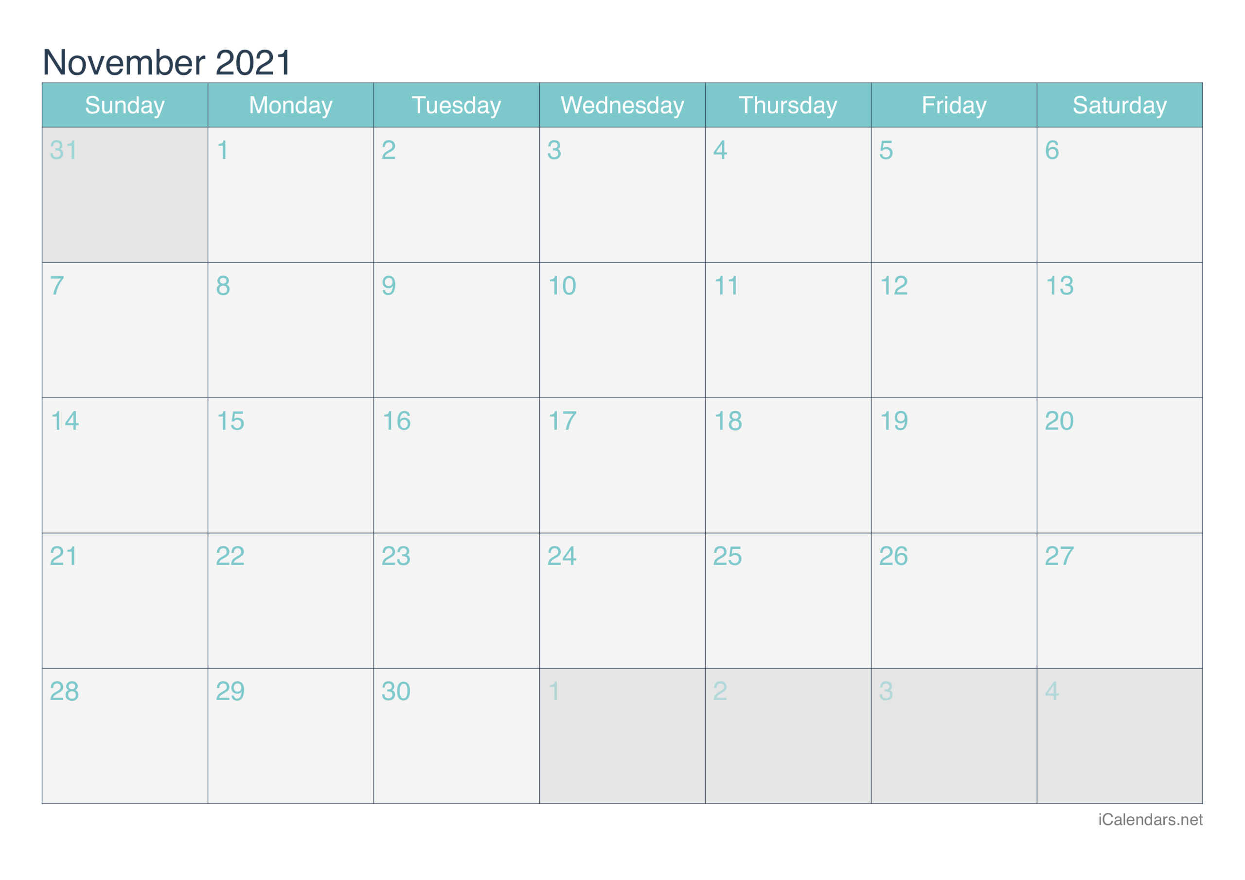 November 2021 Printable Calendar - Icalendars