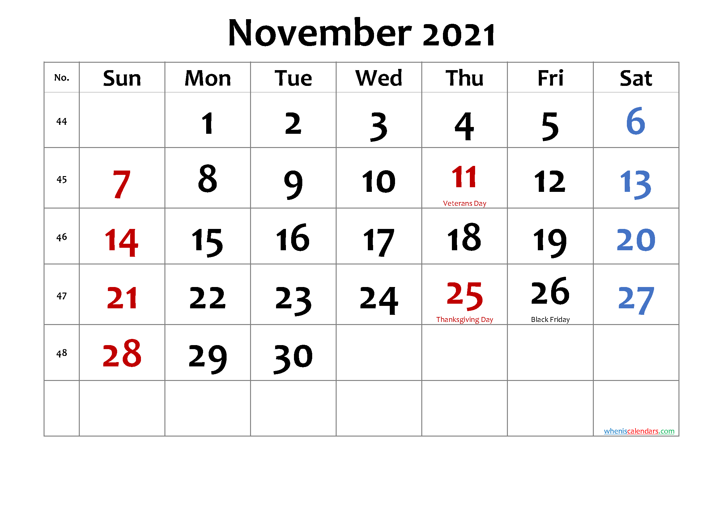 November 2021 Printable Calendar With Holidays