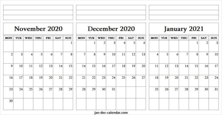 November December 2020 January 2021 Calendar - Blank