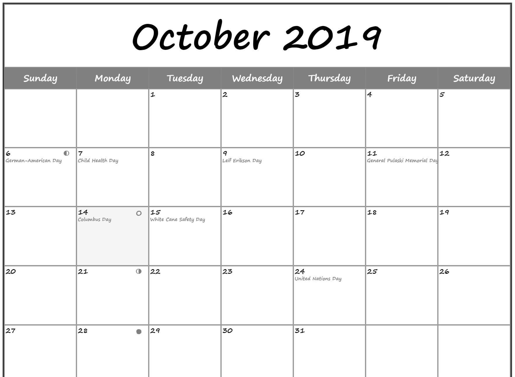 October 2019 Calendar Moon Phases With Holidays | New Moon