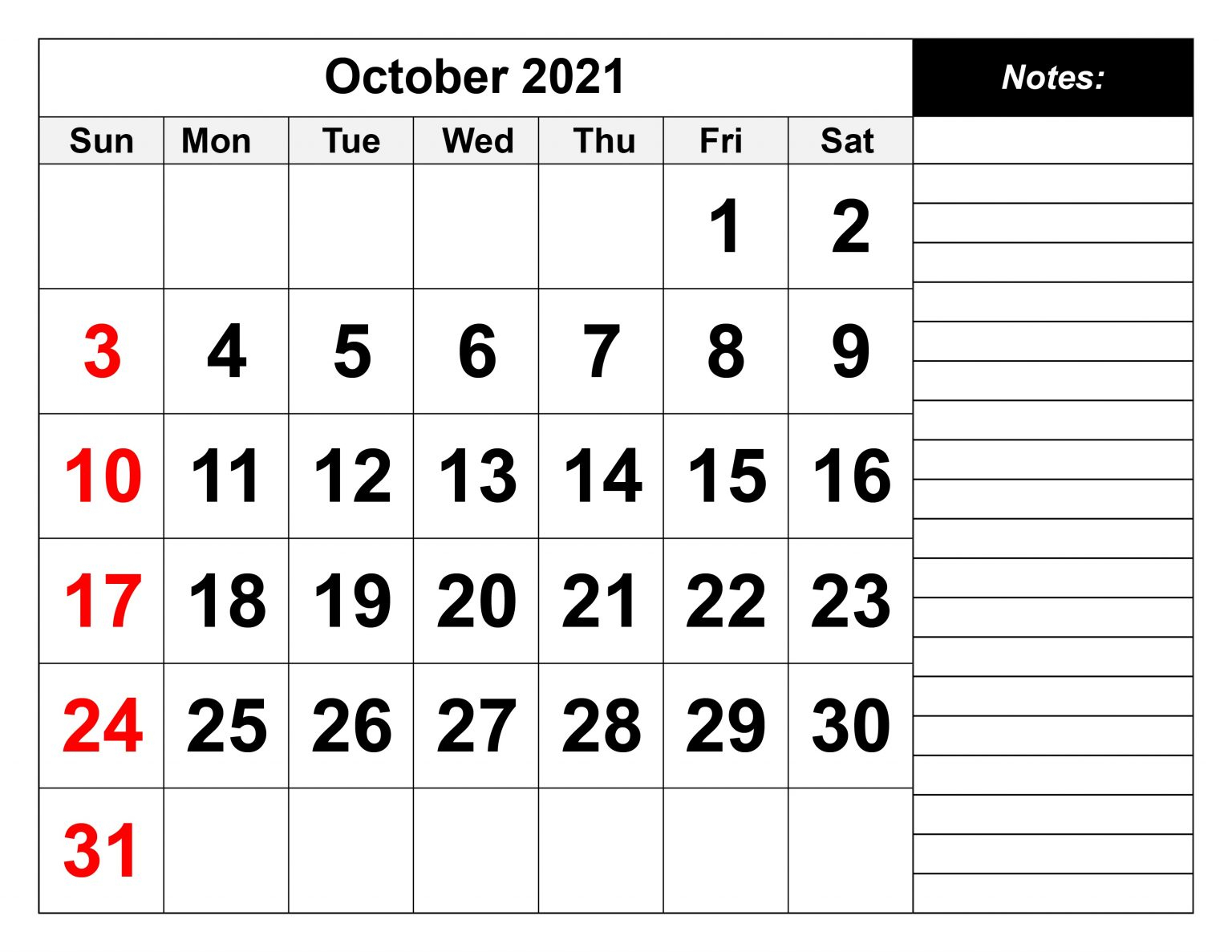 October 2021 Calendar Blank Landscape Layout Notebook
