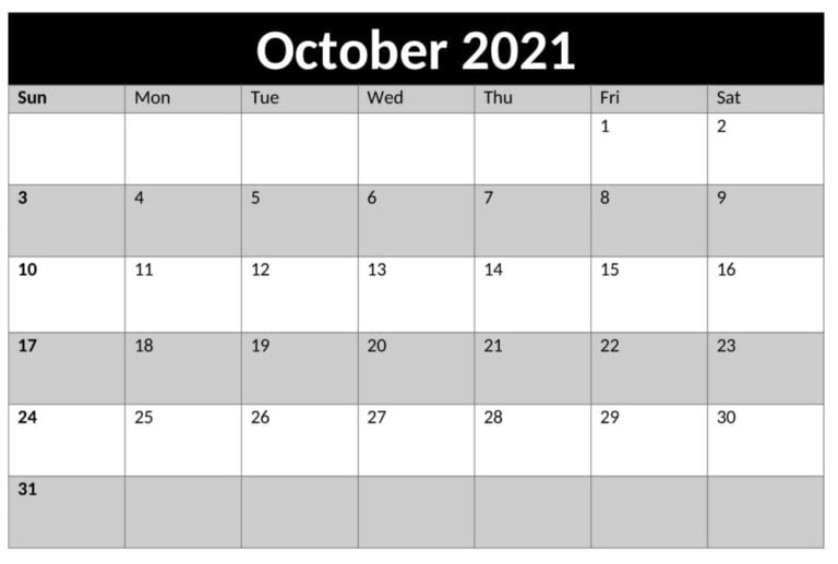 October 2021 Calendar Daily Calendar Printable