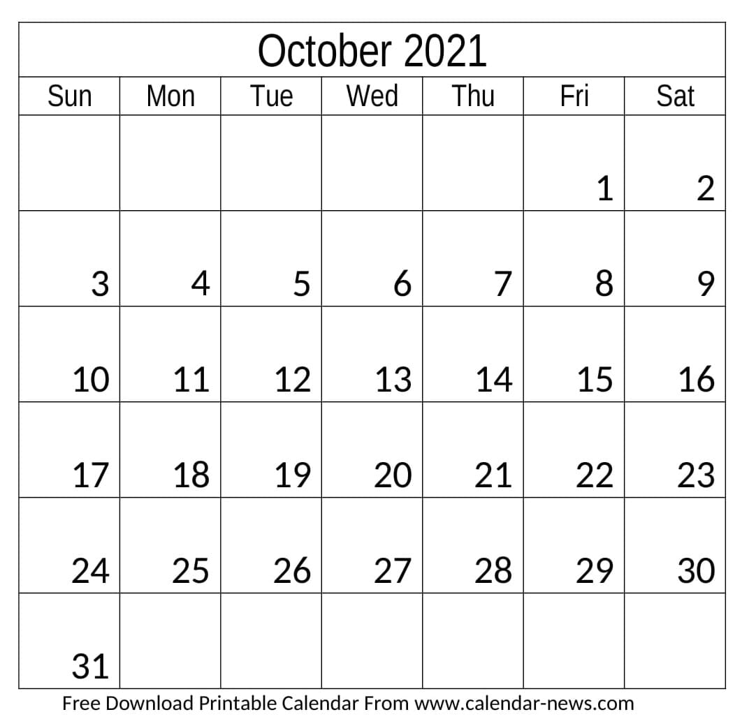 October 2021 Calendar Monthly Editable Template Downloadable