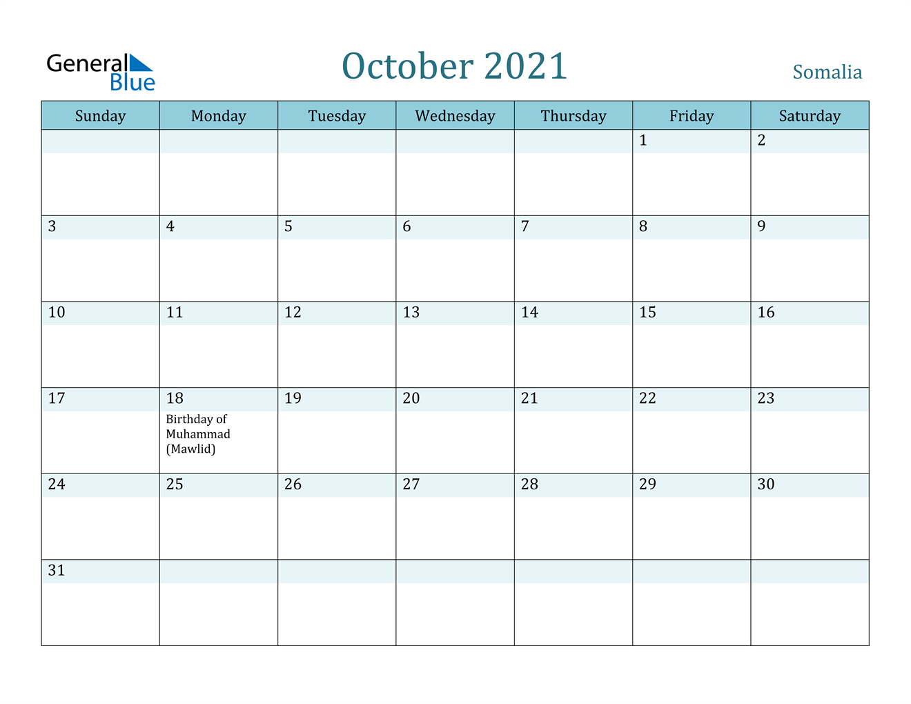 October 2021 Calendar - Somalia