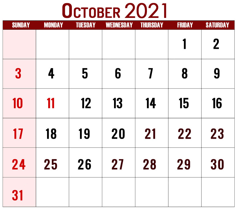October 2021 Calendar With Holidays Usa Printable Template