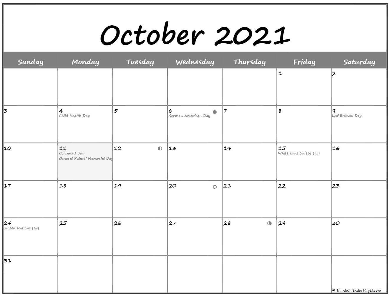 October 2021 Lunar Calendar | Moon Phase Calendar