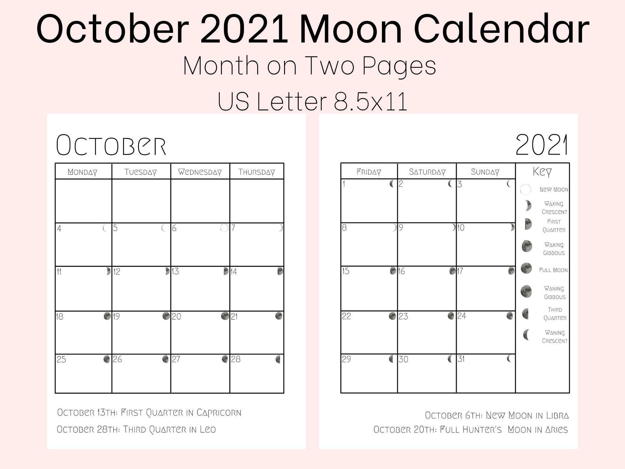 October 2021 Moon Phase Calendar Us Letter 8.5X11  Month