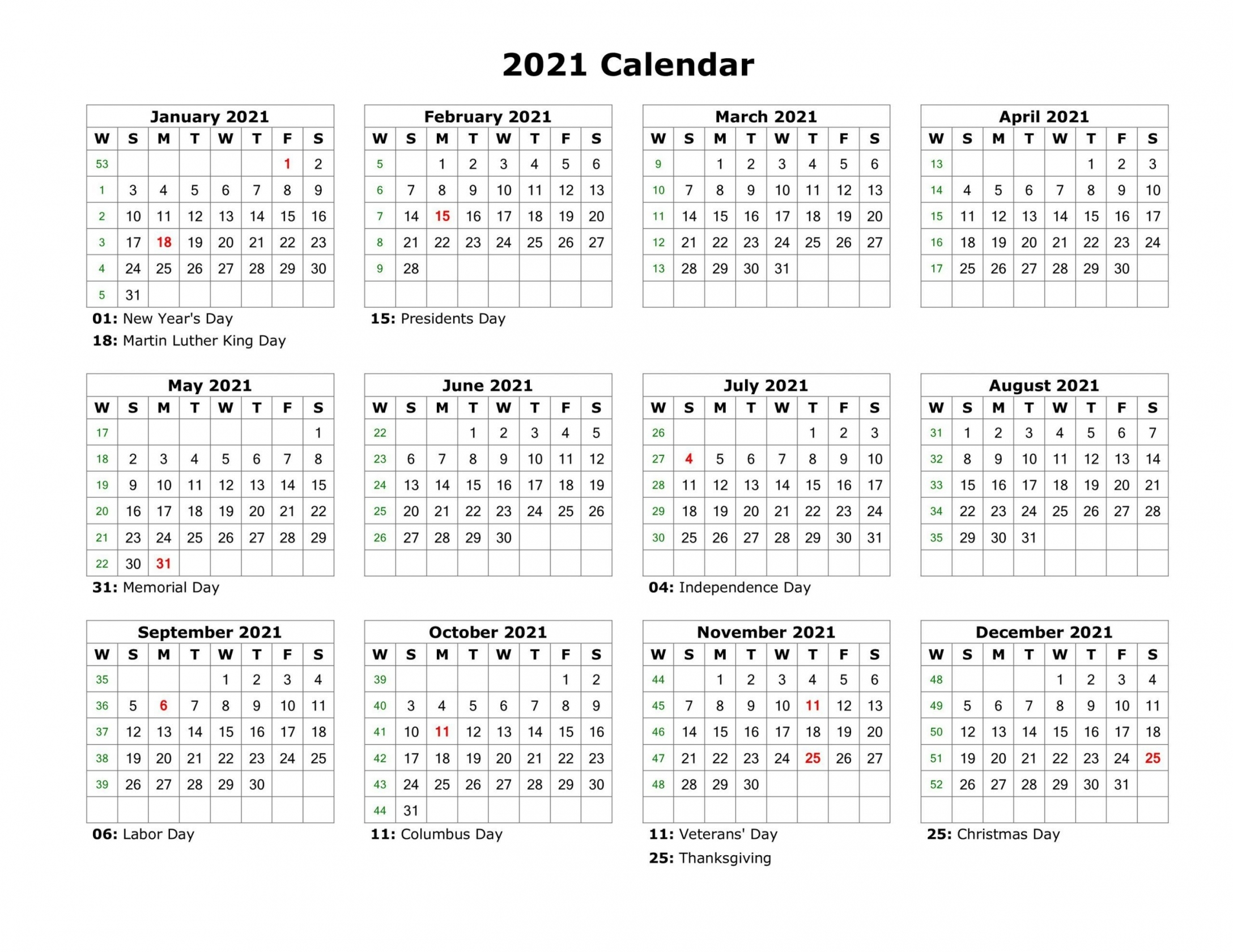 One Page Calendar 2021 | Free Letter Templates