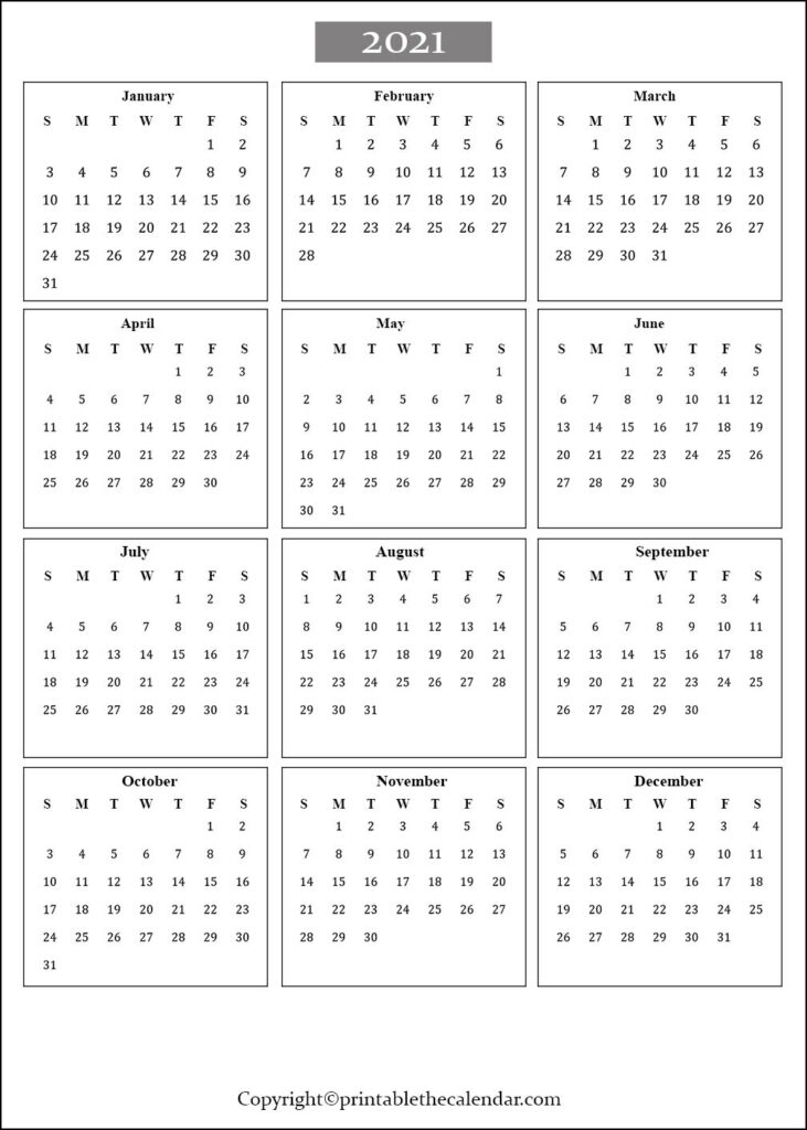 2021 Bold Print Calendar Pages