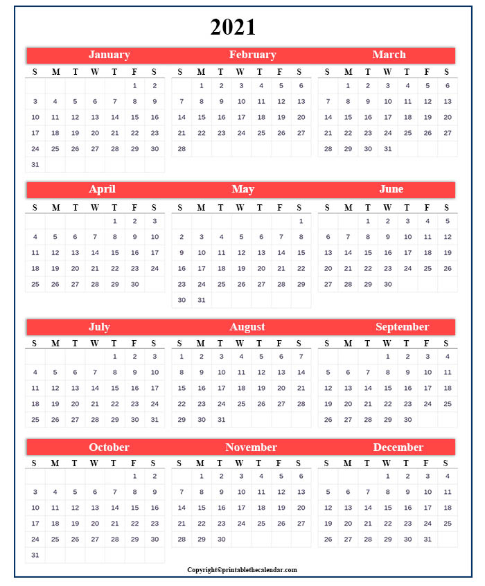One Page Calendar 2021 [Free Printable Template