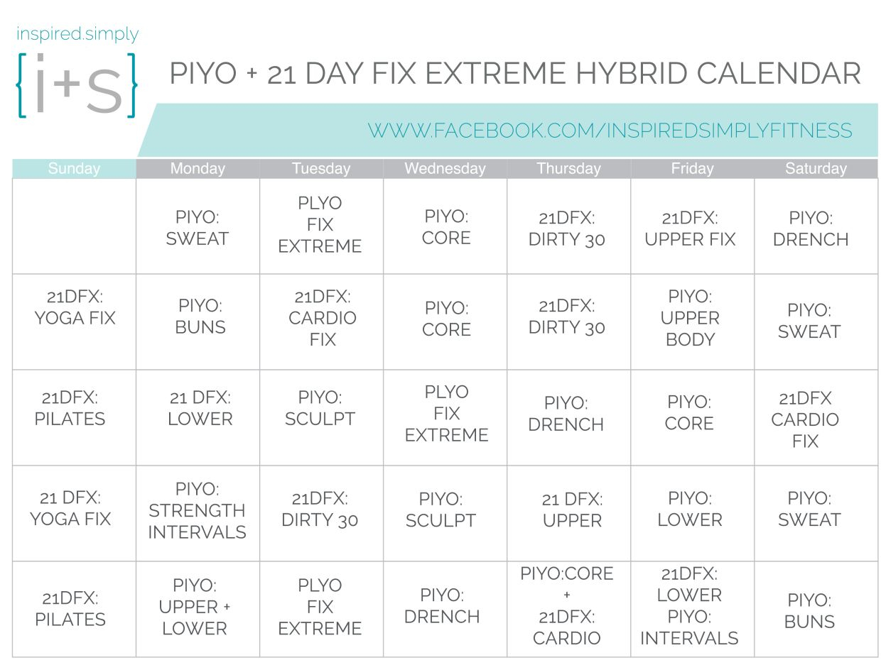 Piyo And 21 Day Fix Extreme Hybrid Workout Calendar | 21