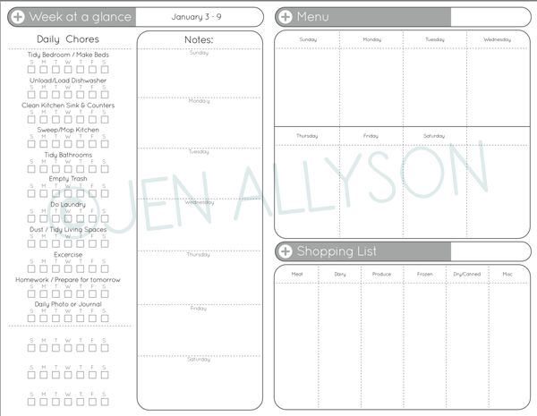 Printable 2010 Weekly Planner With Chore Chart And Week At A Glance Sheets | Jenallyson - The