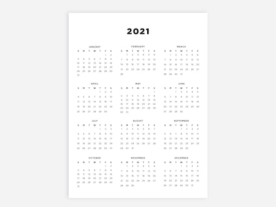 Printable 2021 Calendar 2021 Letter Calendar 2021 Year | Etsy