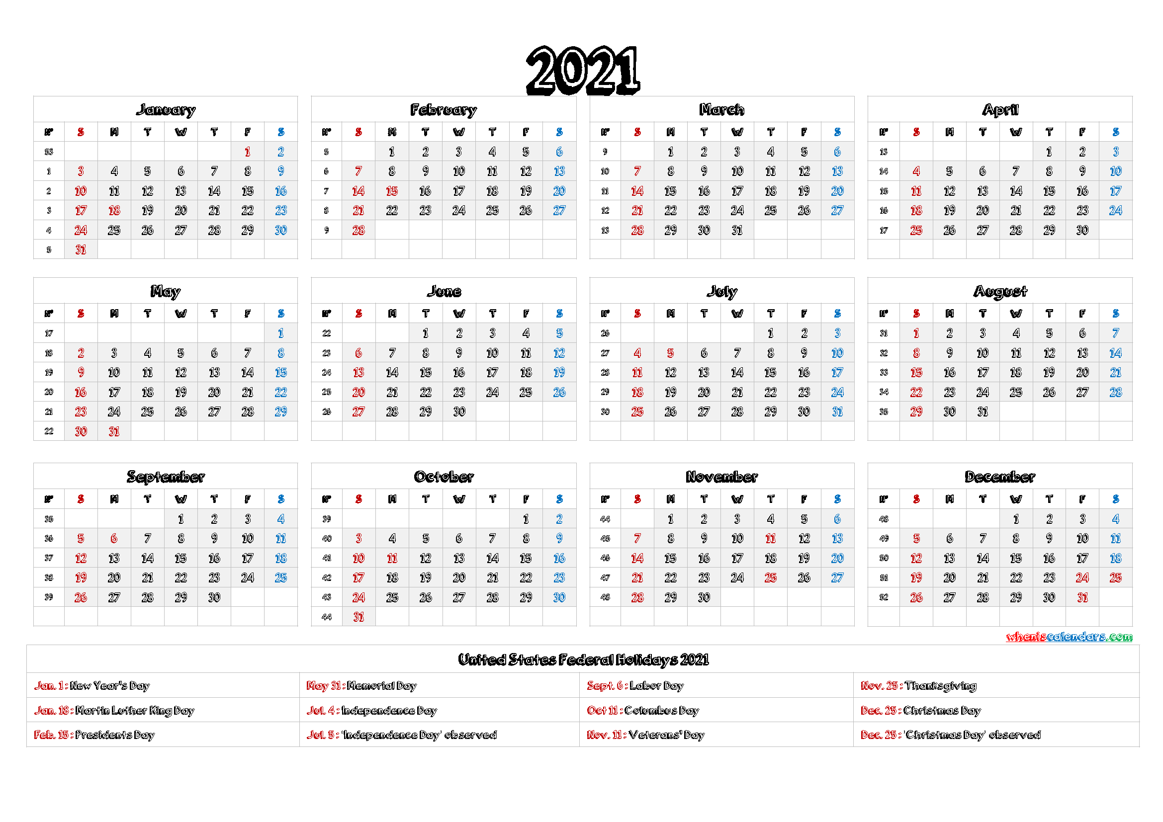 Printable 2021 Calendar With Holidays - 6 Templates