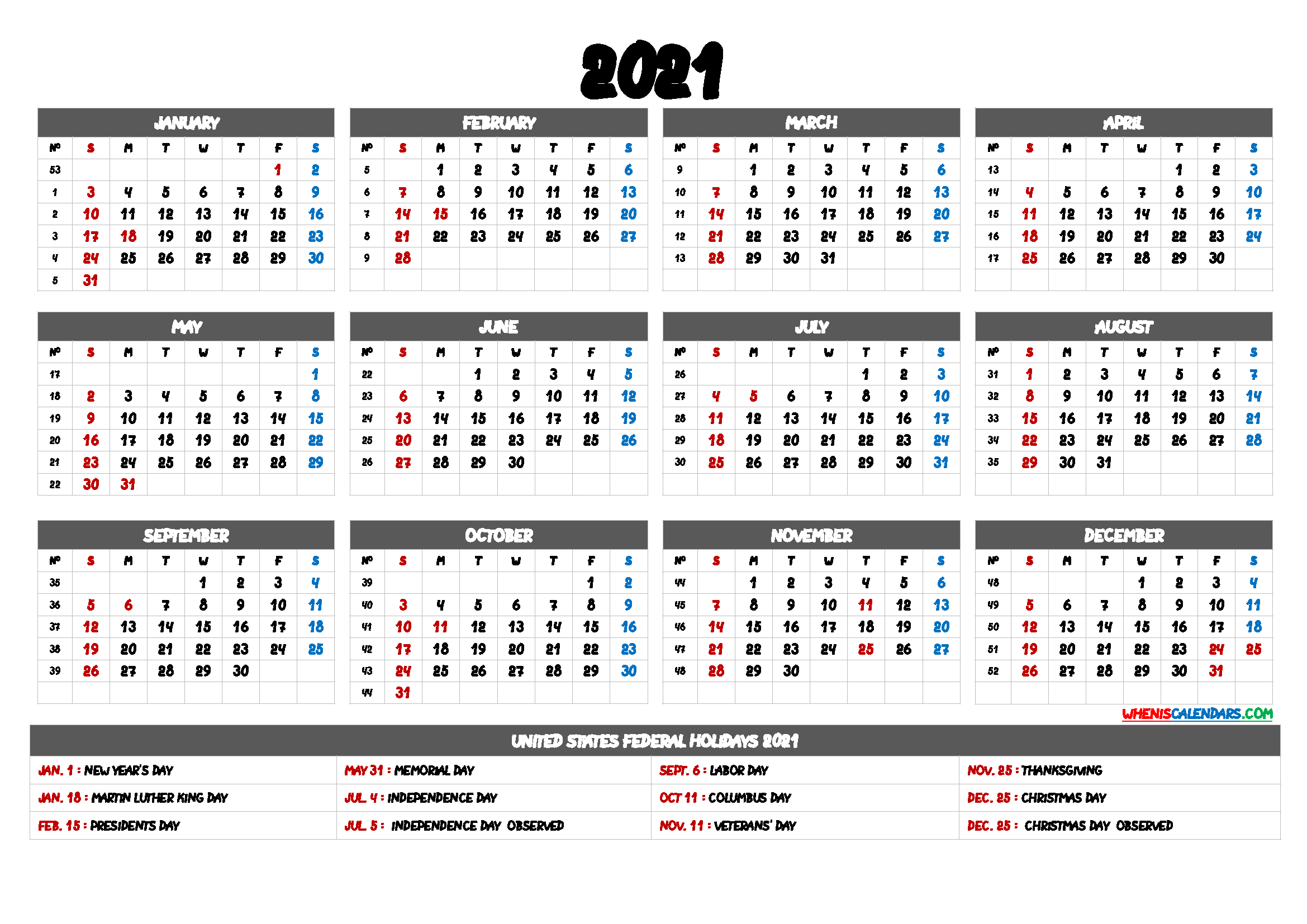 Printable 2021 Calendar With Holidays In U.s. - 12 Templates