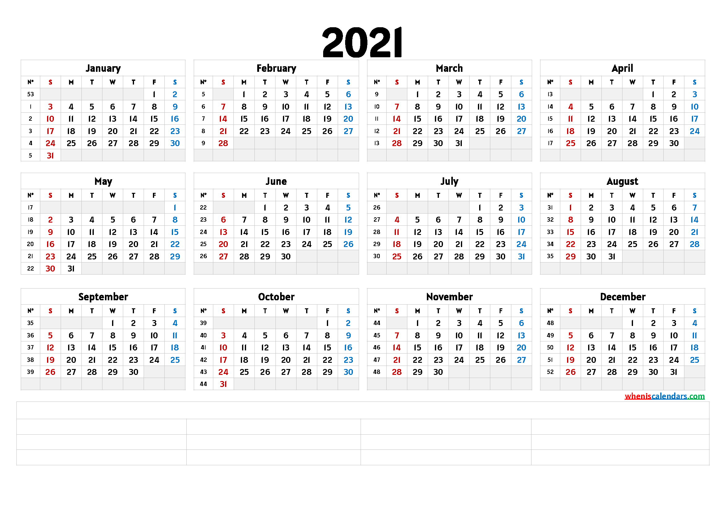 Printable 2021 Yearly Calendar - Calendraex