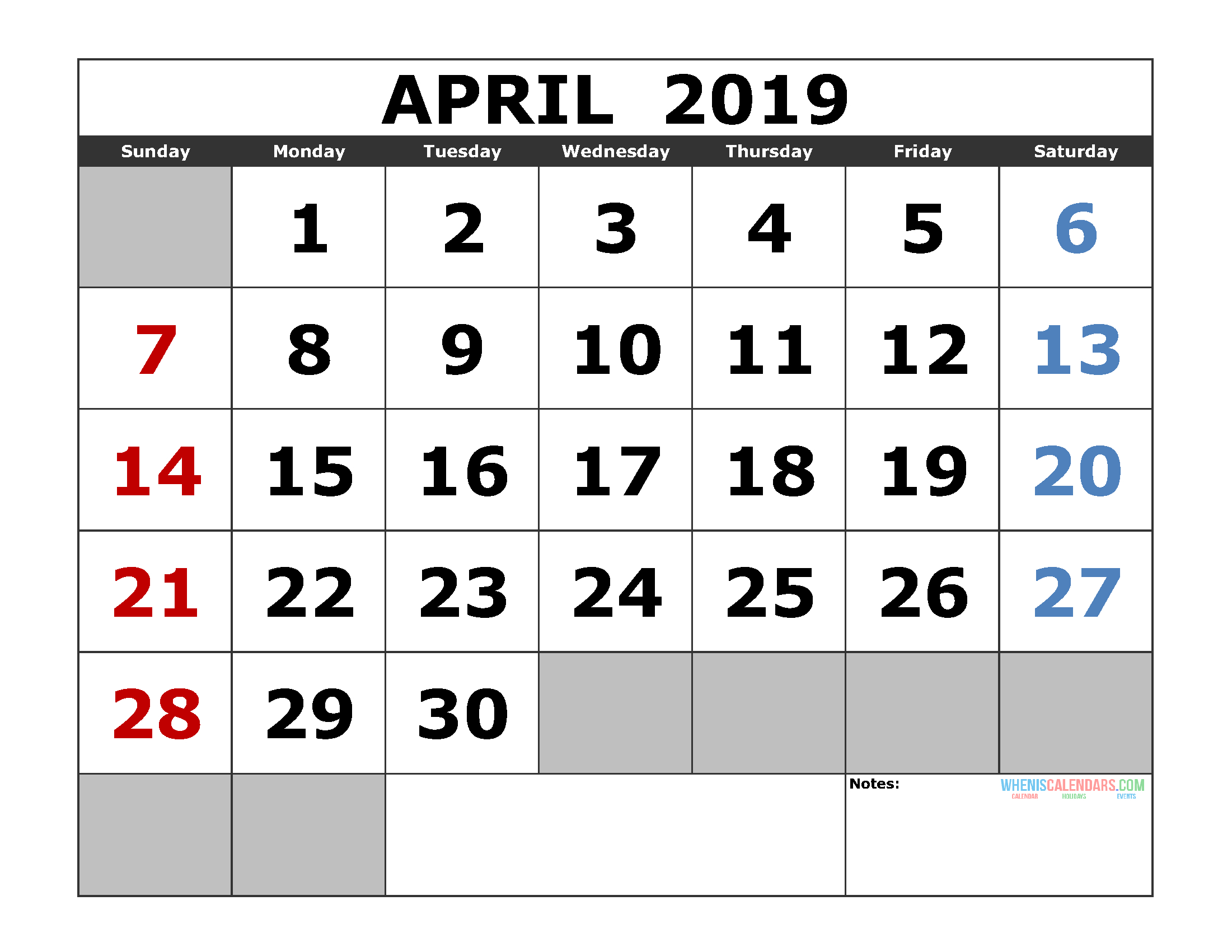 Printable April 2019 Calendar Template Landscape Format