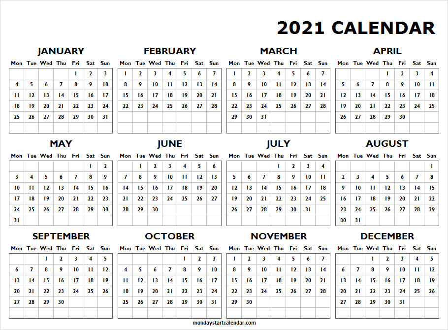 Printable Yearly Vacation Calendar 2021 