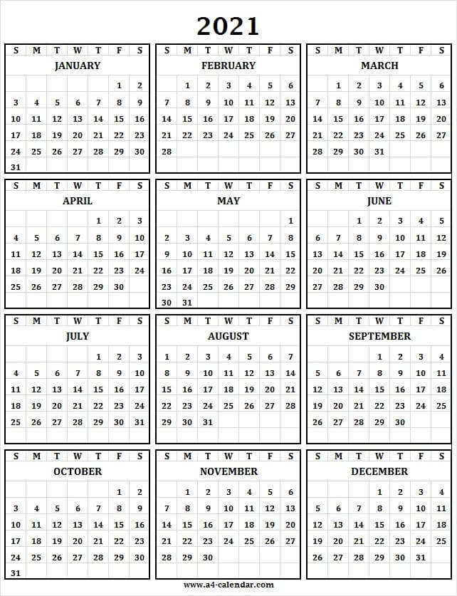 Printable Calendar 2021 One Page - A4 Calendar