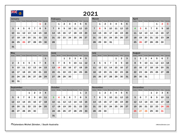 Printable Calendar 2021 South Australia