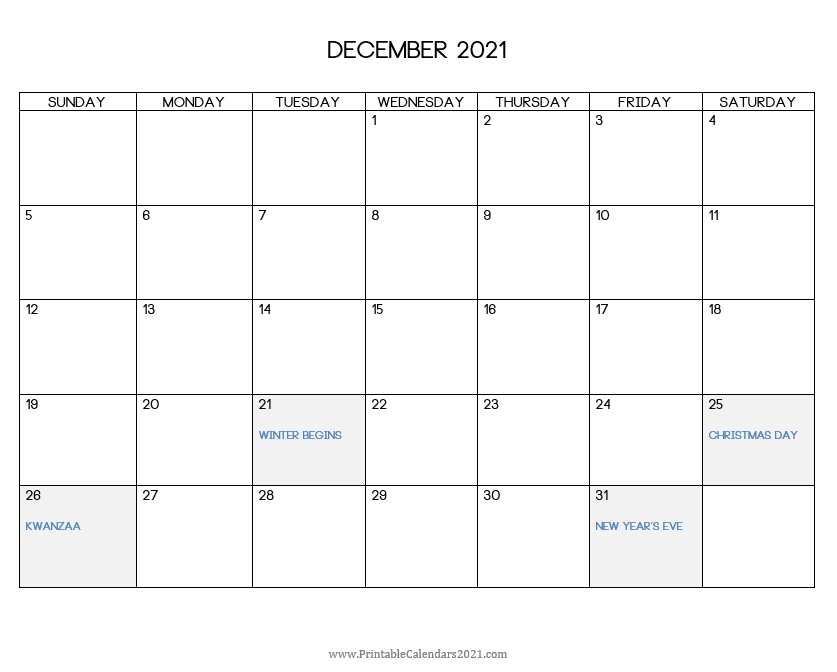 Printable Calendar December 2021 Printable 2021 Calendar With Holidays