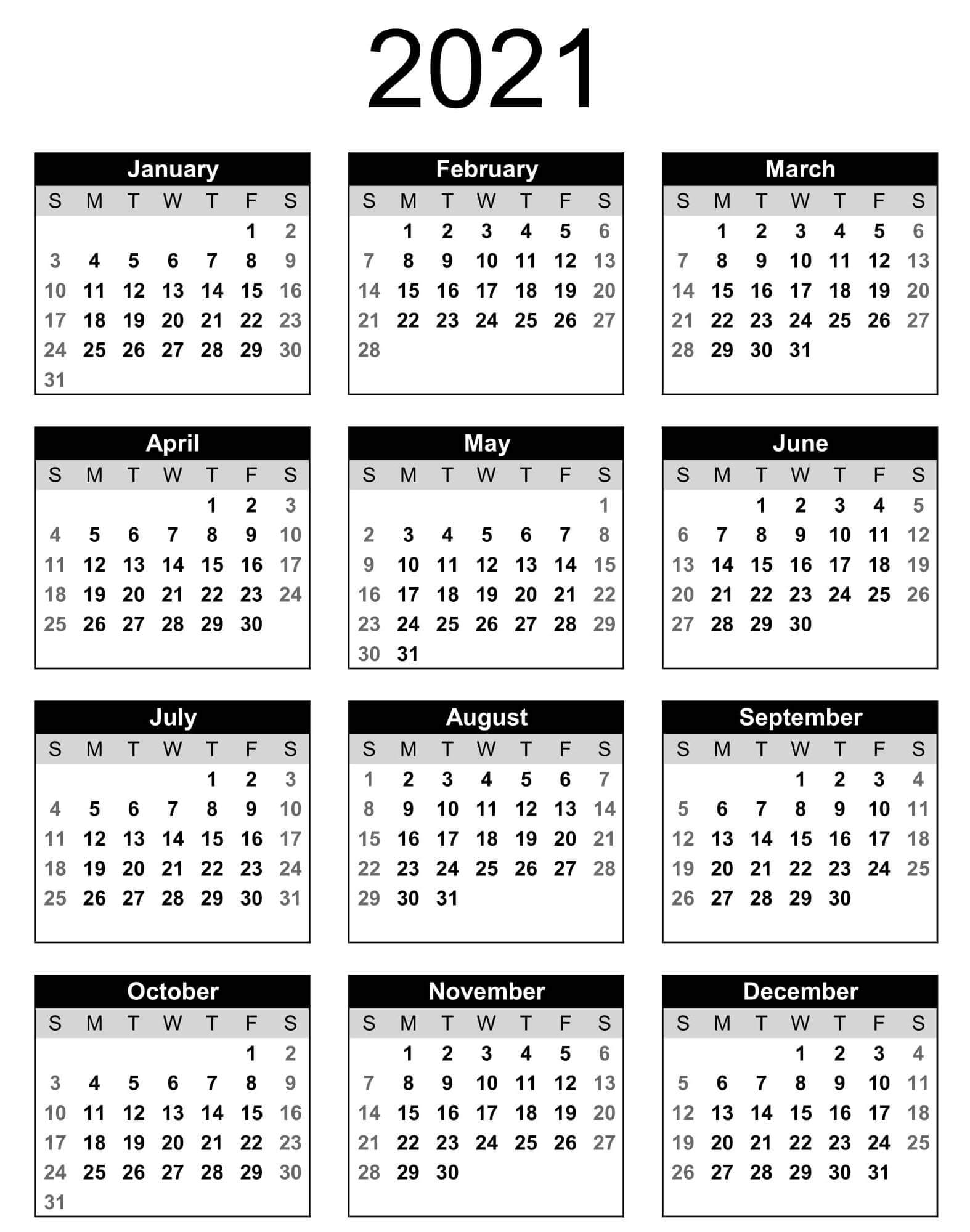 Year 2021 Calendar With Holidays Printable