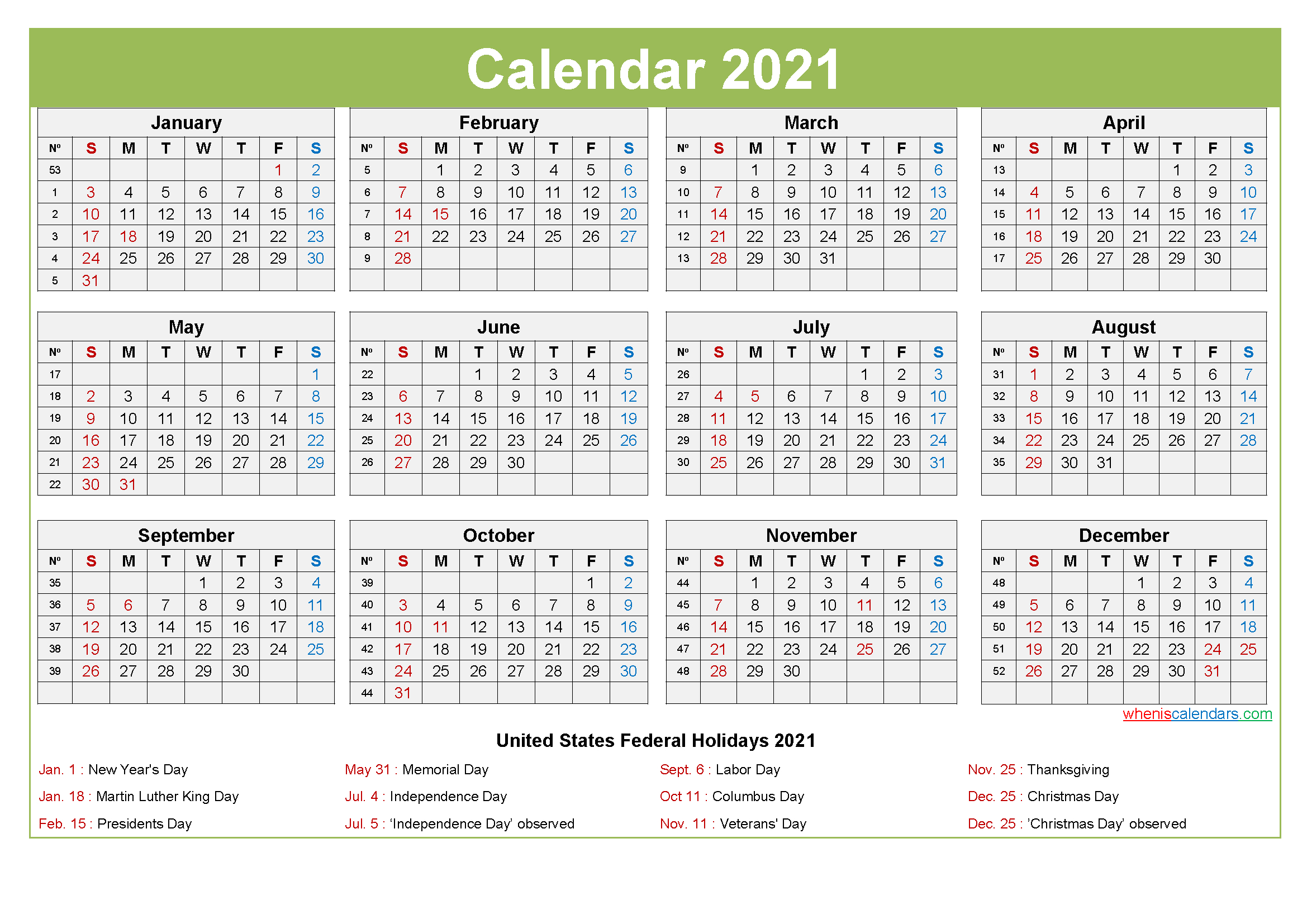 Printable Editable Calendar 2021 - Template No.ep21Y28