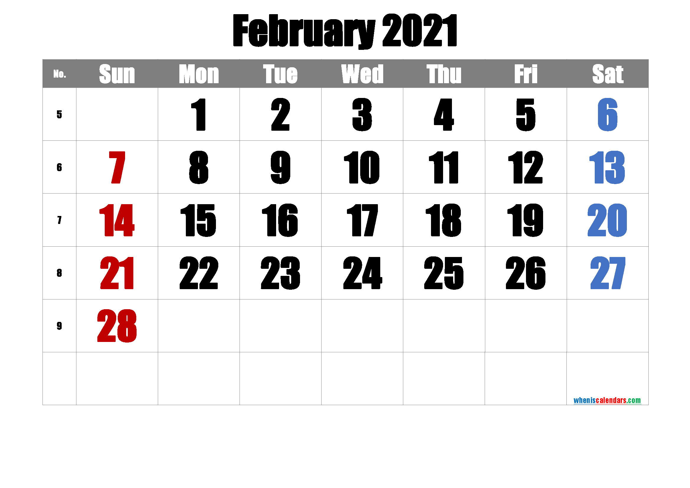 Printable February 2021 Calendar - 6 Templates