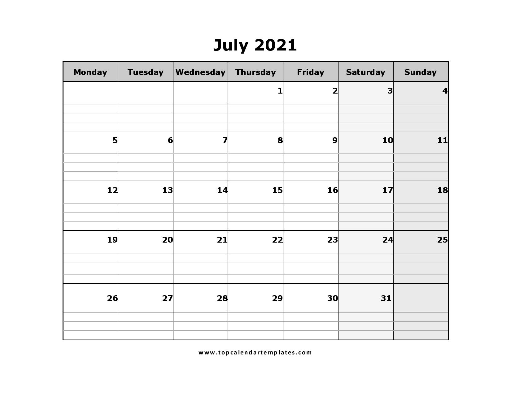 Printable July 2021 Calendar Template - Pdf Word Excel