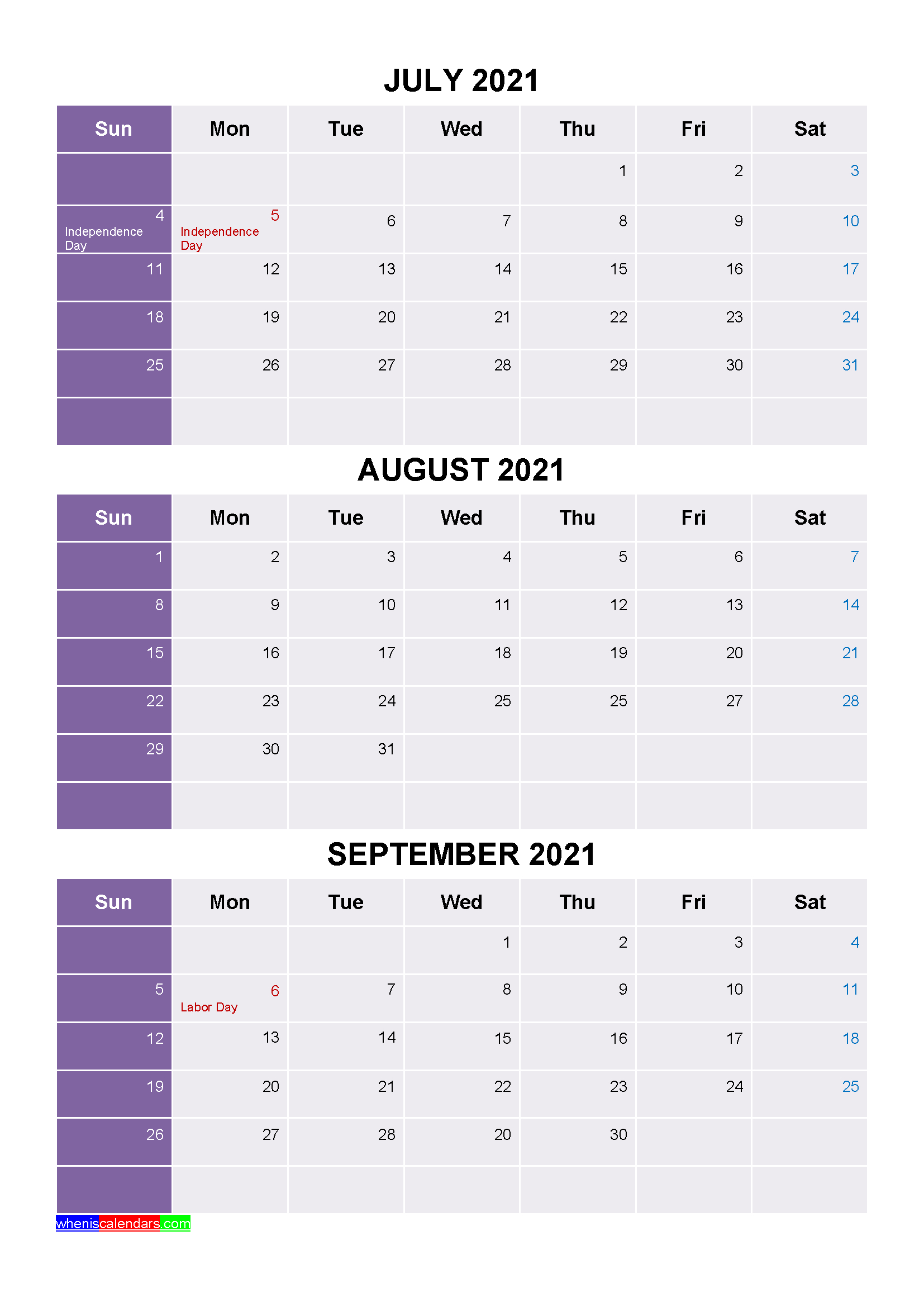 Printable July August September 2021 Calendar Word Pdf