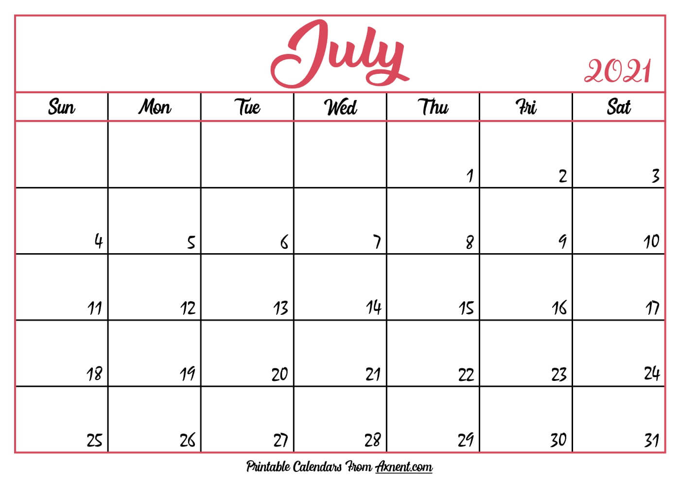 Free July 2021 Calendar Printable