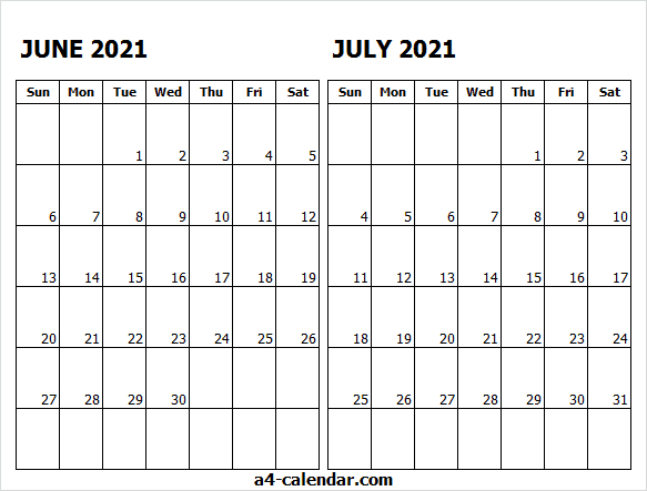 Printable June July 2021 Calendar - A4 Calendar